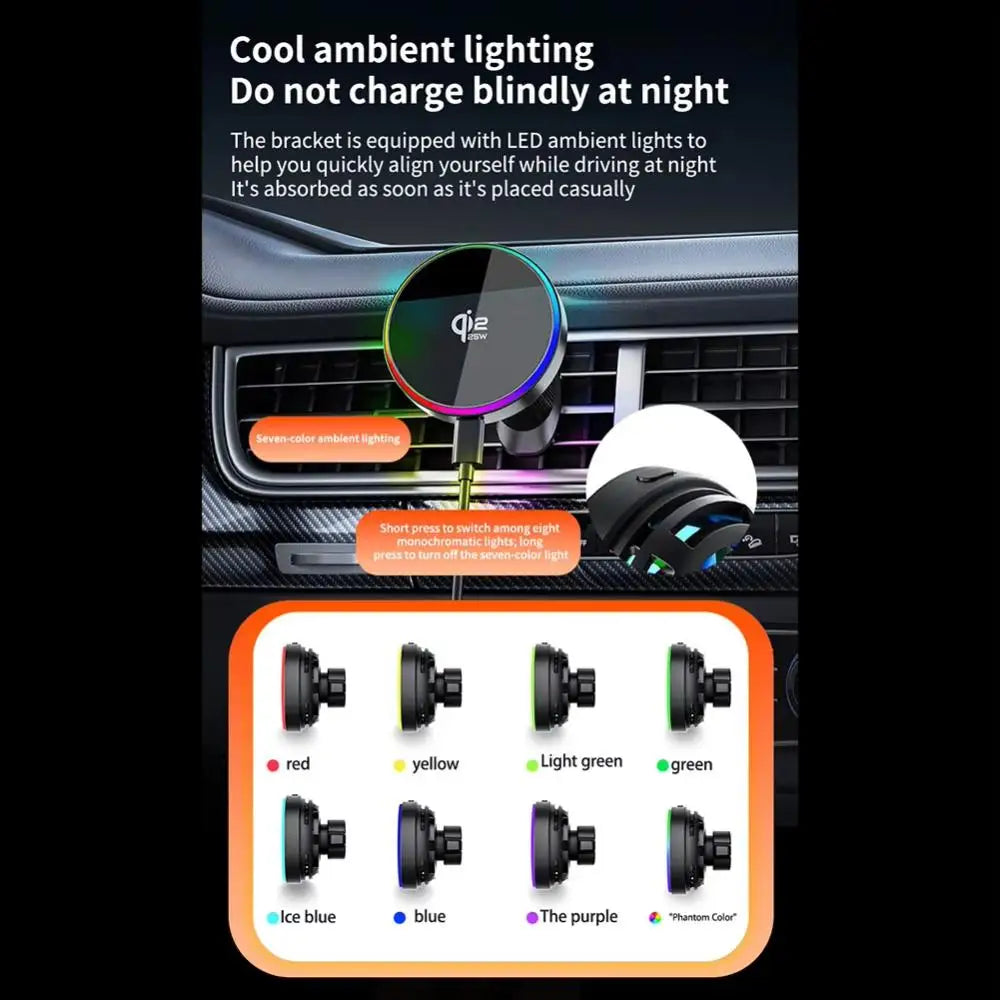 25W Qi2 Magnetic Car Phone Charger Holder with RGB Light Air Vent Mount with Fast Charging & Cooling for iPhone 17 Pro Max