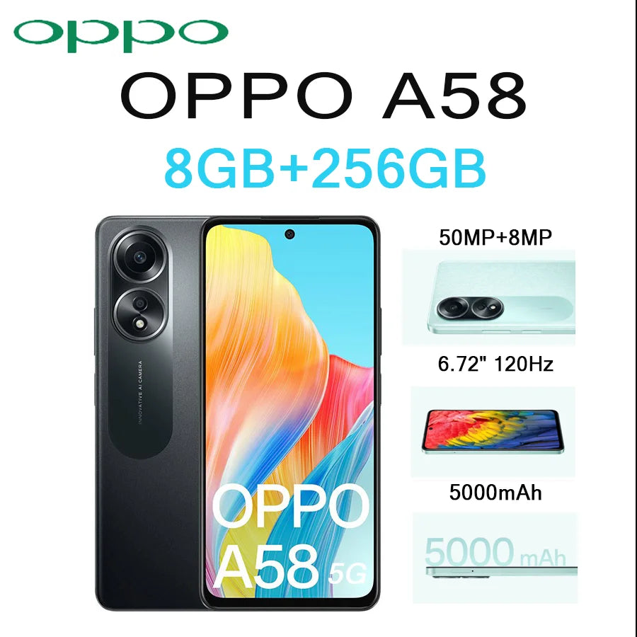 OPPO A58 6.72" 120Hz Display 8GB+256GB 50MP AI Cam 5000mAh Long Lasting Battery Side Fingerprint 5G LTE Dual SIM Smartphone
