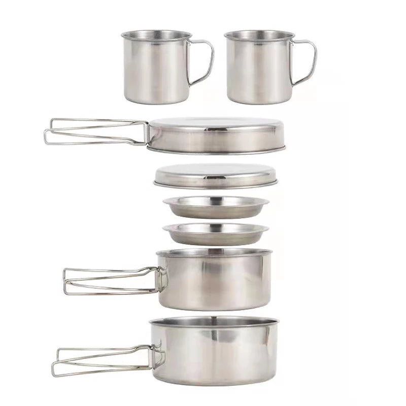 8pcs/Set Camping Cookware Mess Kit Stainless Steel Cooking Pot and Pan Set with Plates Cups for Outdoor Hiking Backpacking