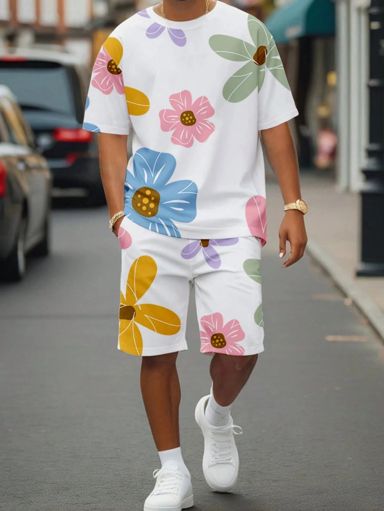 Set 2 Piezas Hombre - Remera y Short Floral Blanco y Negro