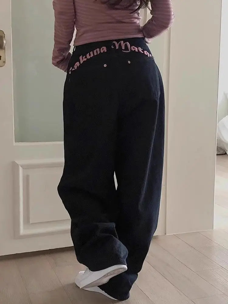 Women's Sweet Casual Full Length Baggy Denim Trouser Retro Emo Harajuku Loose Jeans Letter Embroidery High Waist Y2K 2000s Pants