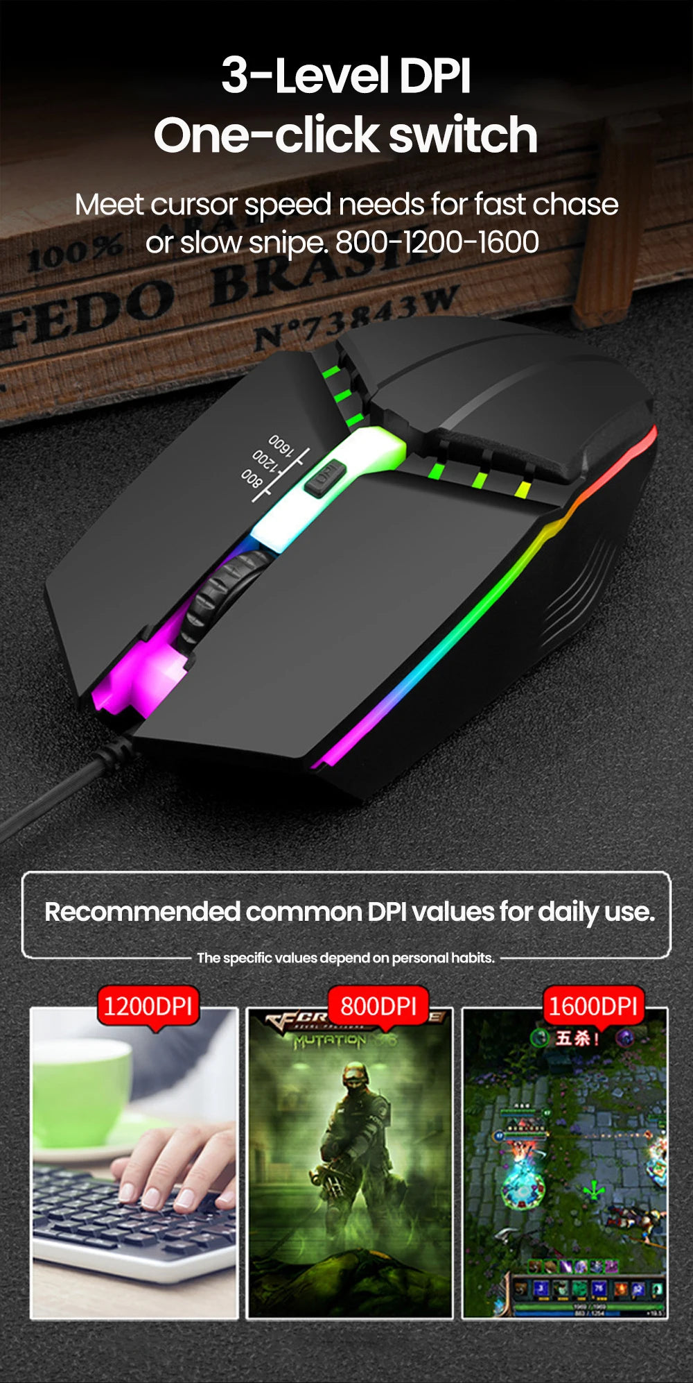 Mouse Gamer USB con LED RGB - Silencioso 1600DPI