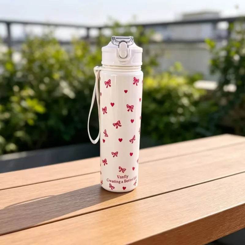 750ML Cute Strawberry Cherry Flower Bowknot Printed Tumbler with Pure White Base, High-Value Straw Cup for Sports