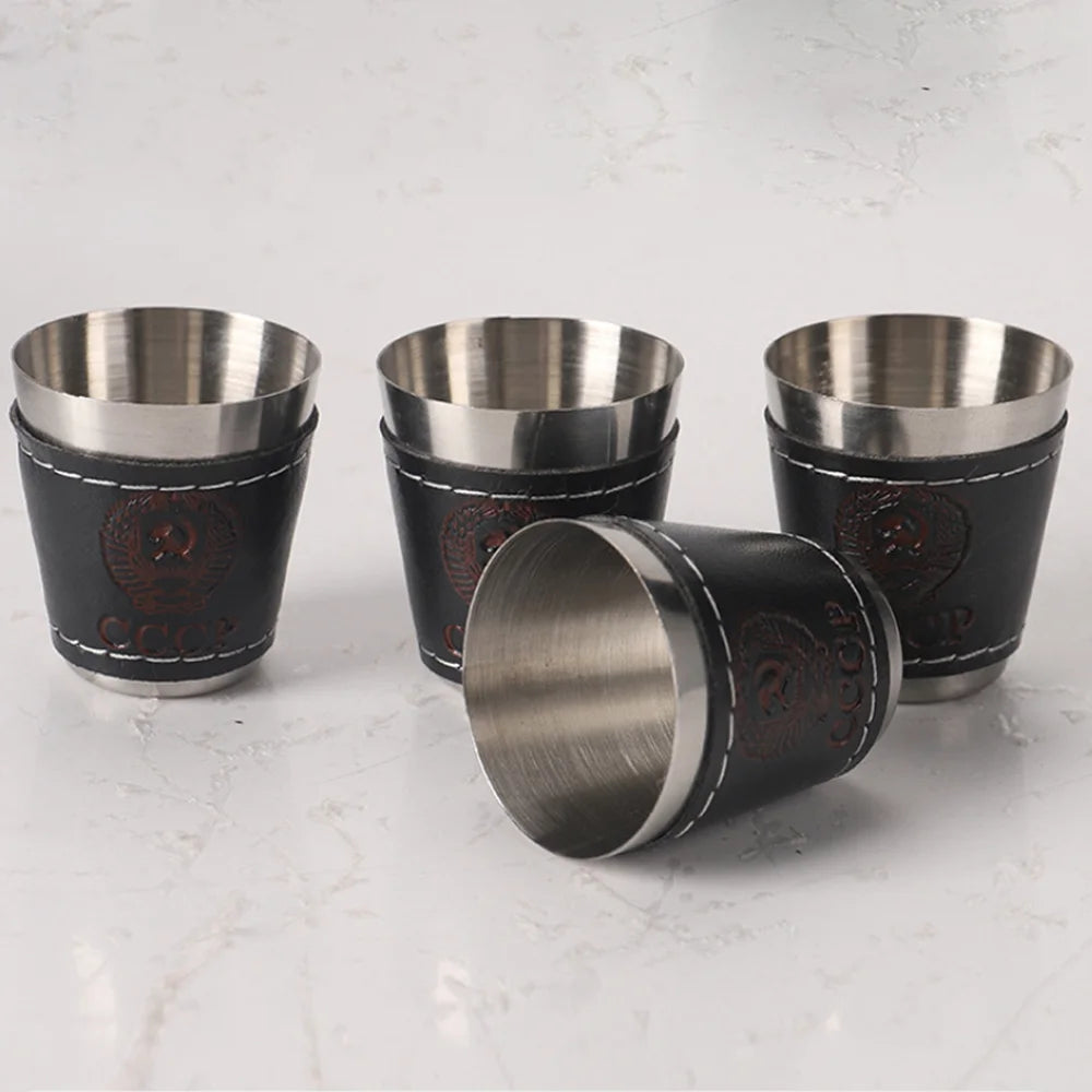 4pcs/set Outdoor Travel Cups Set Camping Tableware Stainless Steel Cup with PU Leather Portable Coffee Wine Beer Whisky Cup