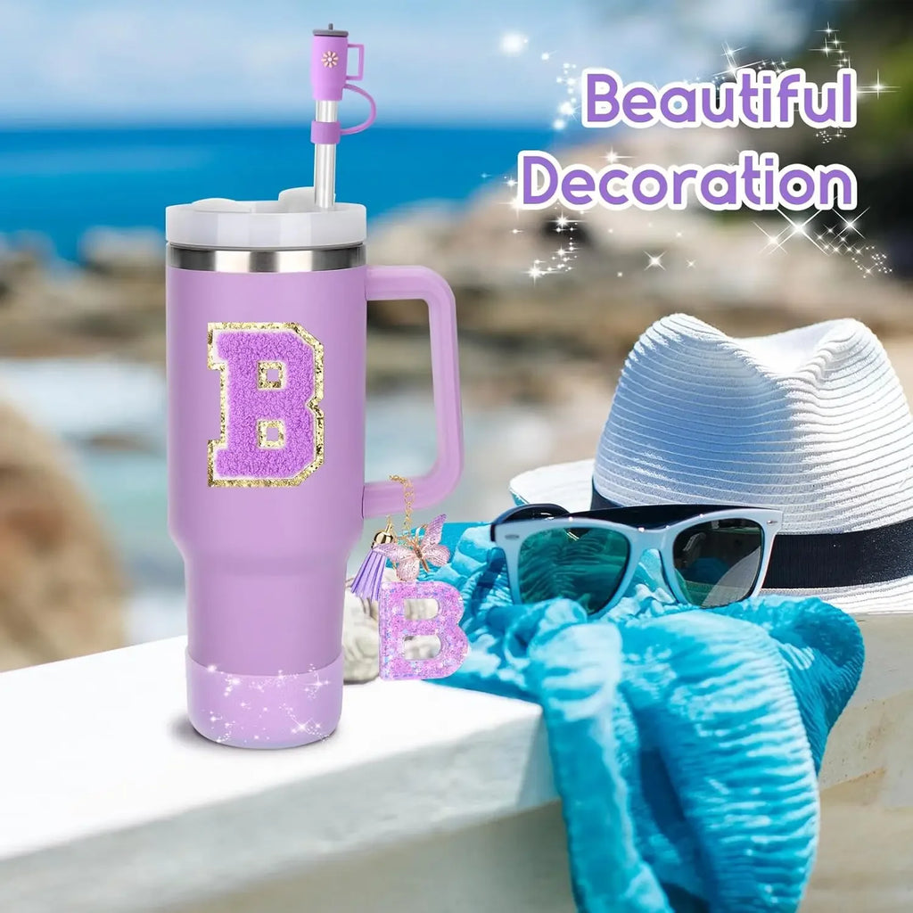 8PCS Accessories Set for Stanley Cup Purple 30oz 40oz tumbler Silicone Straw Topper Cover Cap Boot Handle Charm Initials Sticker