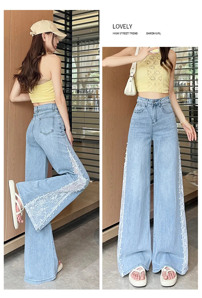 Women's High Waist Lace Stitching Beaded Wide Leg Jeans Summer Stretch Floor Length Pants
