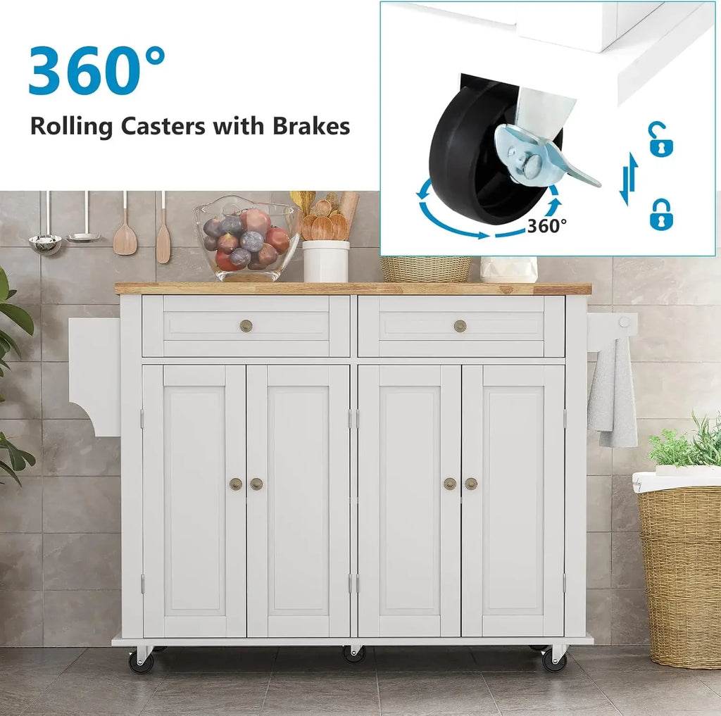 Movable Kitchen Carts on Wheels Island with Storage Cabinet, Island Table for Kitchen with Rubber Wood Top and Rack and Drawers