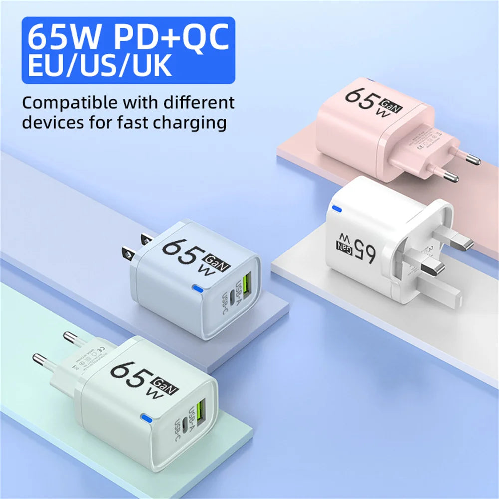 Cargador USB-C 65W Carga Rápida | Compatible iPhone, Samsung y Xiaomi