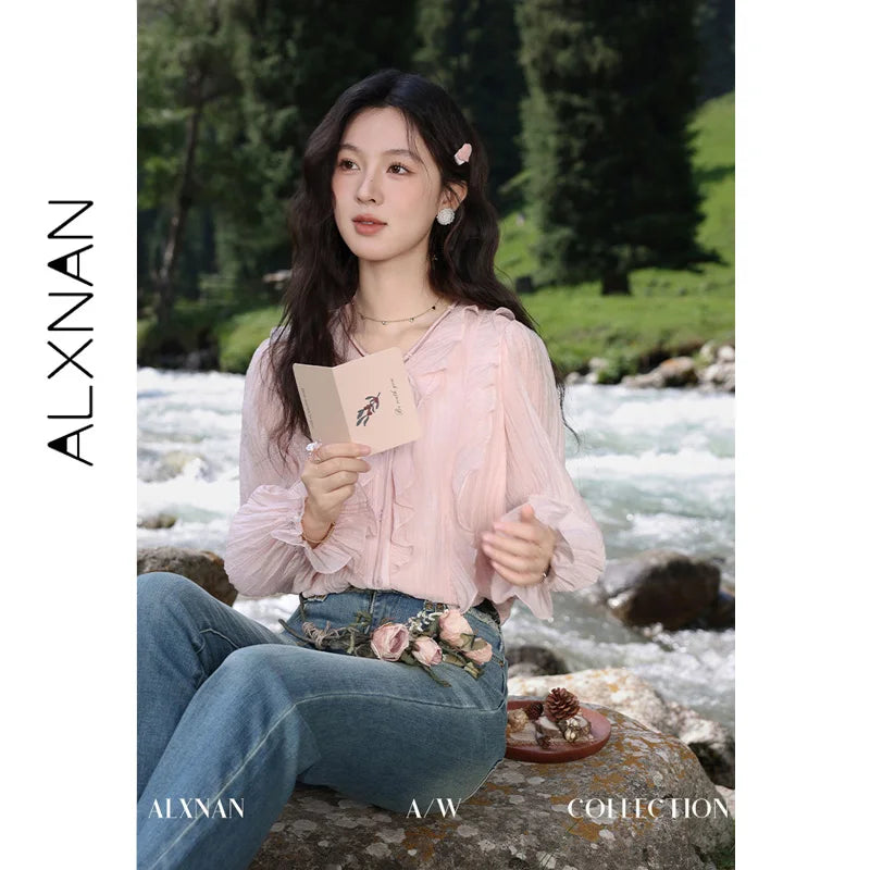 ALXNAN French Style Women's Pink Shirt Autumn V-neck With Detachable 3D Flowers Full Long Sleeves Elastic Cuffs Shirts VL39307