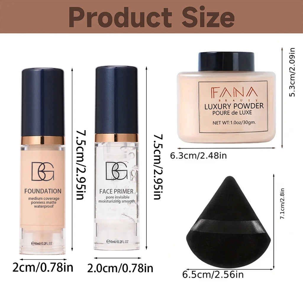 4-Pcs Set Face Makeup Bundle - Smoothing Primer, Matte Foundation, Setting Powder with Puff - Long-Lasting Waterproof Value Pack