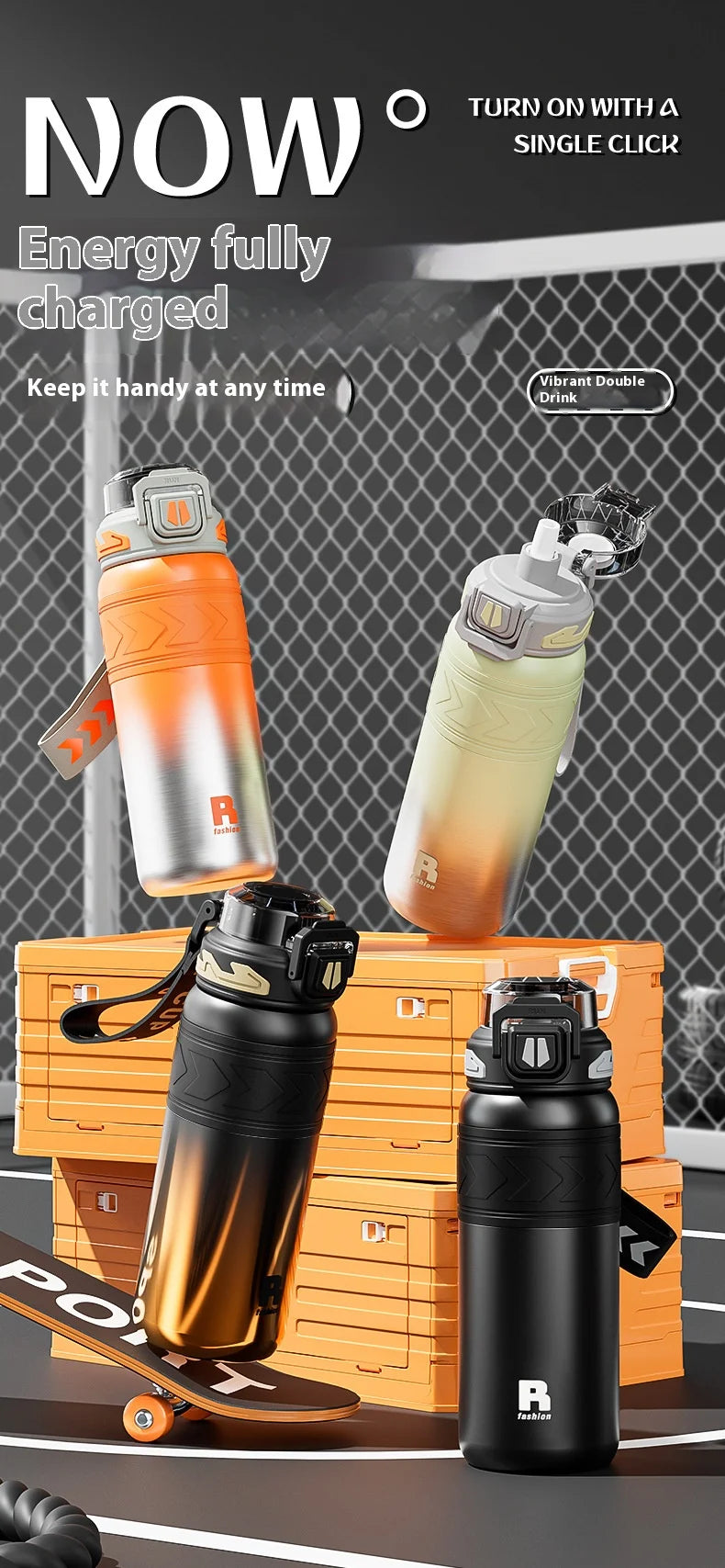 Young and Energetic Sports Straw Water Bottle  Stainless Steel Large-capacity Car Cup Student Outdoor Sports Portable Water Cup