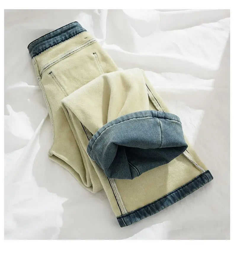 Autumn Winter Thickened Fleece-Lined Vintage Straight-Leg Jeans Women's Slimming Hip-Hiding Elastic Micro-Flared Cotton Trousers