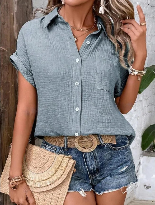 Women Casual Cotton Blouse Vintage Summer Short Sleeve Slim Shirt Elegant Turn Down Collar Solid Tunics Harajuku Streetwear Tops