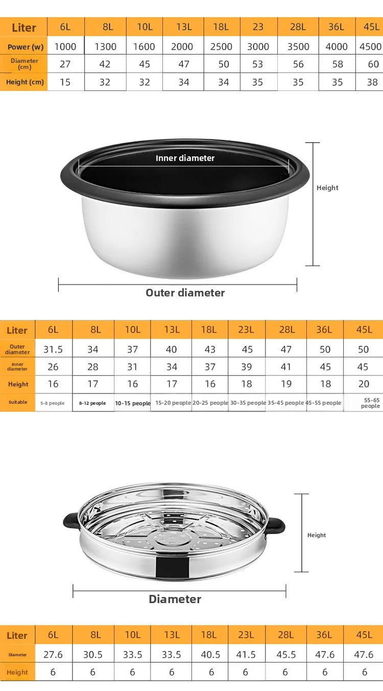 Large capacity 13L old-style rice cooker for 10-15-20 people, suitable for canteens, restaurants, and commercial use.