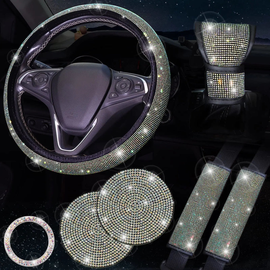 38cm Bling Car Accessories Set For Women Rhinestones Steering Wheel Cover Safety Belt Covers Gear Shift Cover Diamond Cup Pads