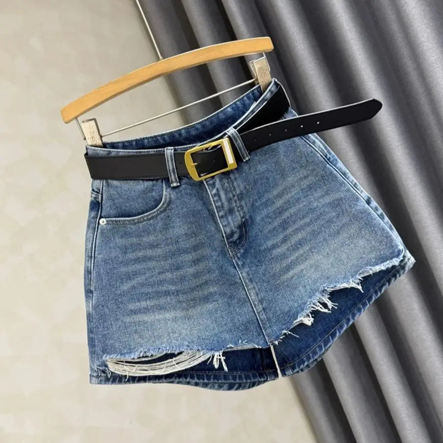 High Waist Ripped Women's Denim Skort 2025 Summer New Fashion A-line High Waisted Skinny Hot Shorts Versatile Pant Skirt