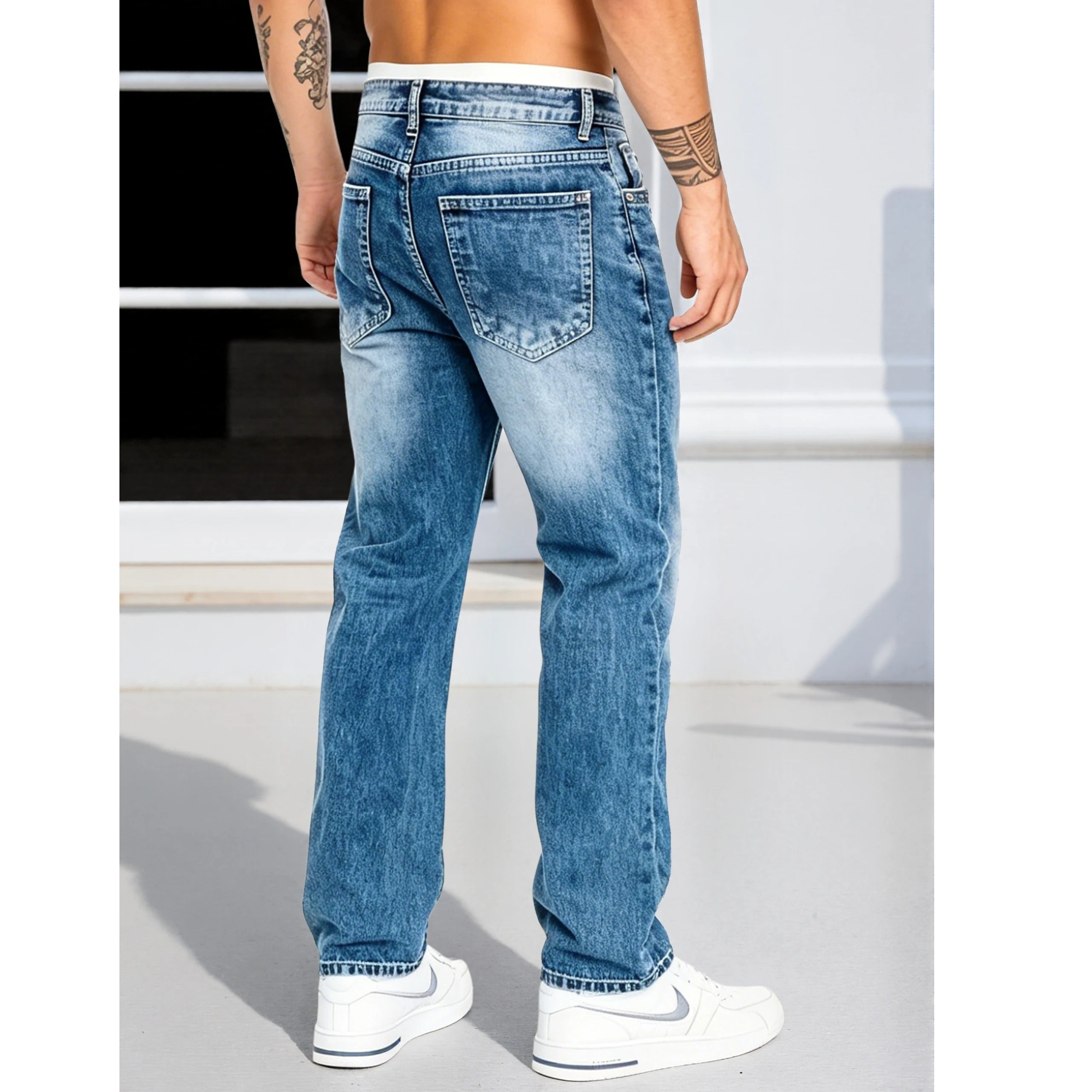 Men's Jeans Man Pants Classic Straight Cut Stretchl Denim Trousers Vintage Washed Solid Color for Street Style