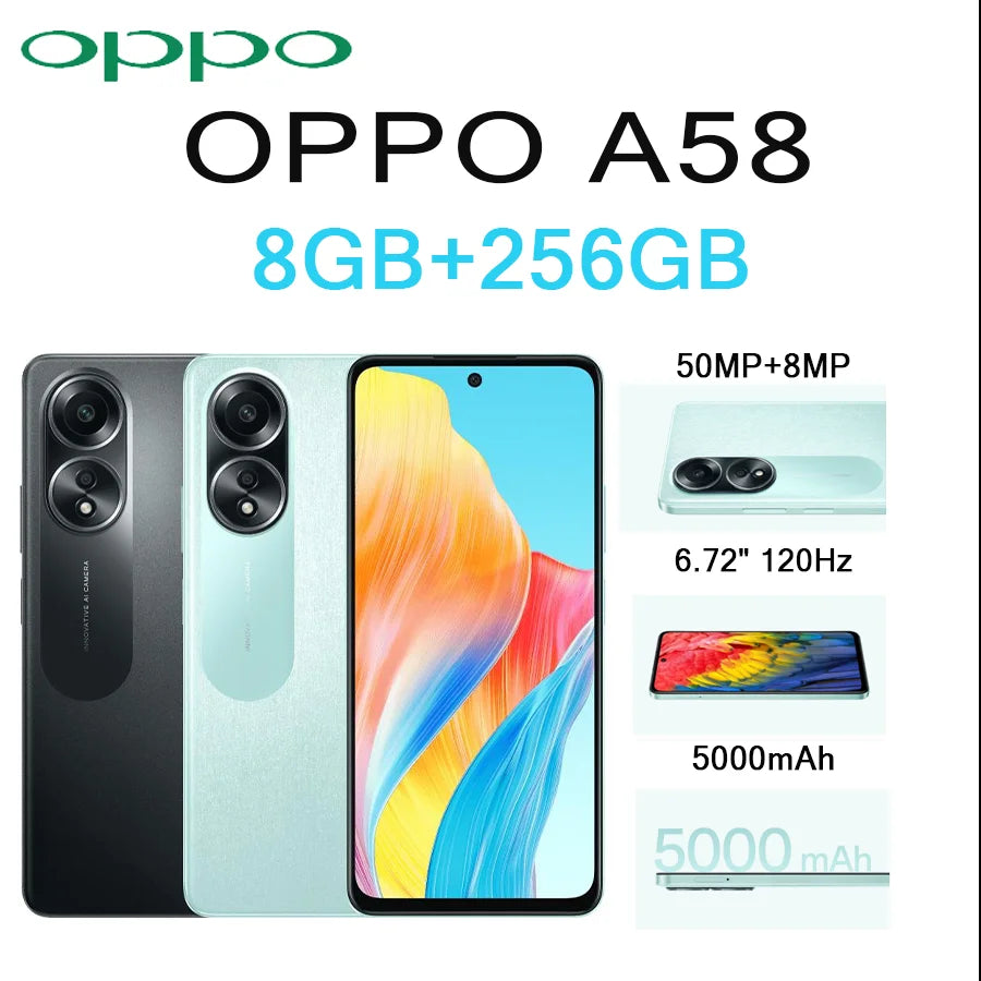 OPPO A58 6.72" 120Hz Display 8GB+256GB 50MP AI Cam 5000mAh Long Lasting Battery Side Fingerprint 5G LTE Dual SIM Smartphone