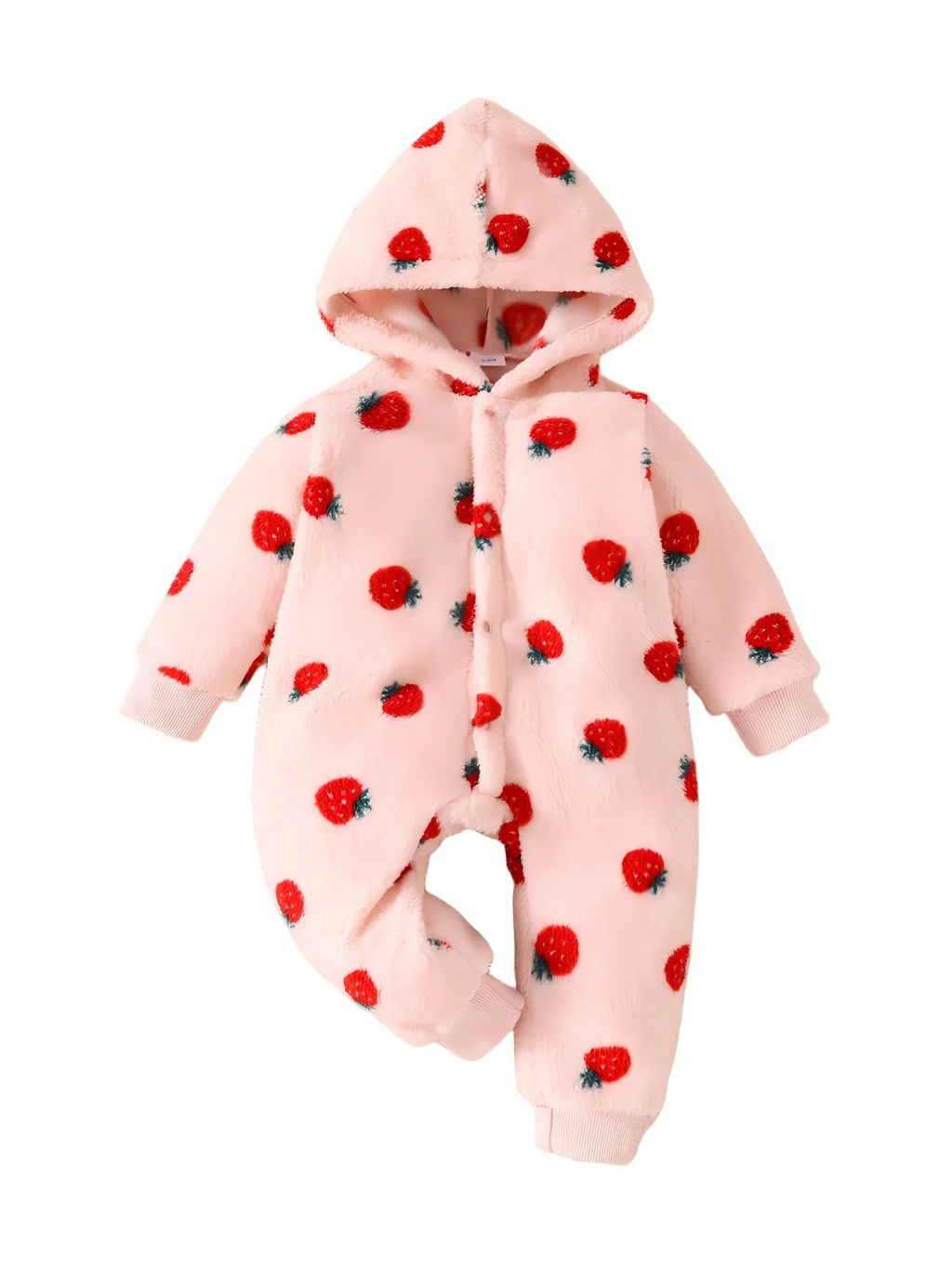 Winter Baby Girl Cute Casual Plush Warm Strawberry Print Button Design Hooded Romper
