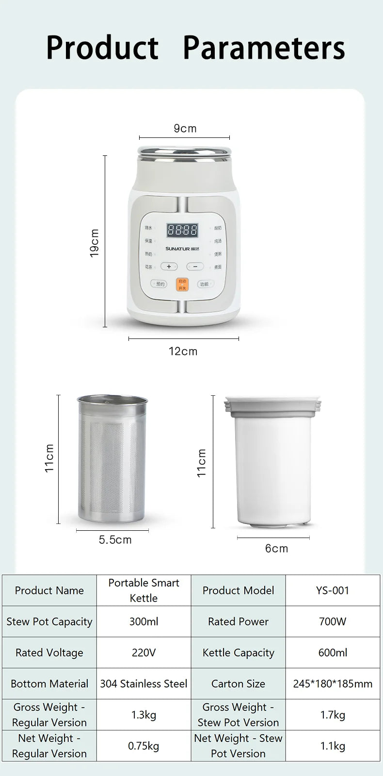 SUNATUR 600ml 700W Electric Cooker Multifunctional Rice Cooker Stew Pot Slow Cooker Mini Porridge Pot Portable Soup Pot