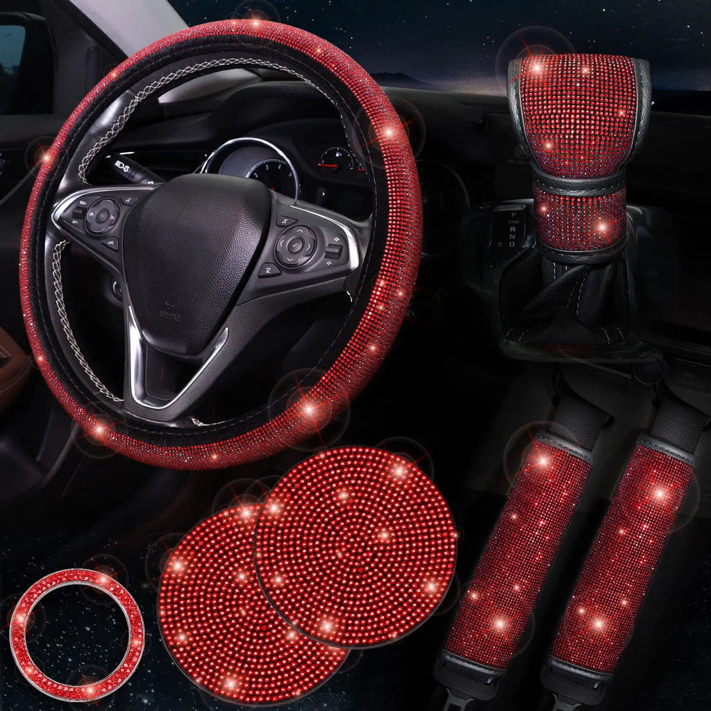38cm Bling Car Accessories Set For Women Rhinestones Steering Wheel Cover Safety Belt Covers Gear Shift Cover Diamond Cup Pads