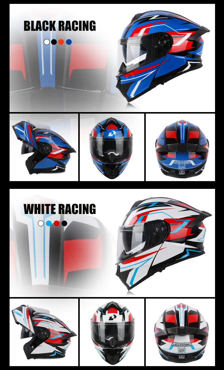 Uchoose DOT Approved Full Face Helmets Crash Motorbike Protective Gear Men Women Flip Up Helmet Motorcycle Double Sun Visor