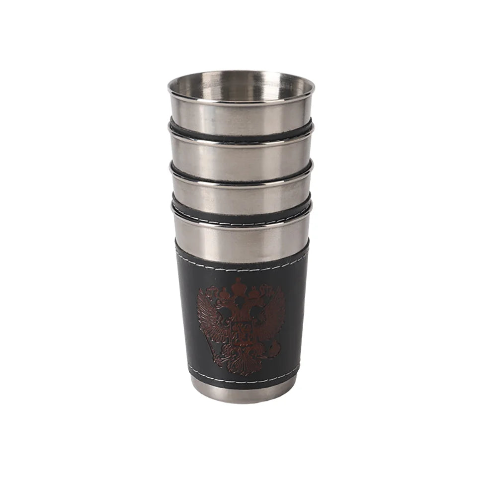 4pcs/set Outdoor Travel Cups Set Camping Tableware Stainless Steel Cup with PU Leather Portable Coffee Wine Beer Whisky Cup