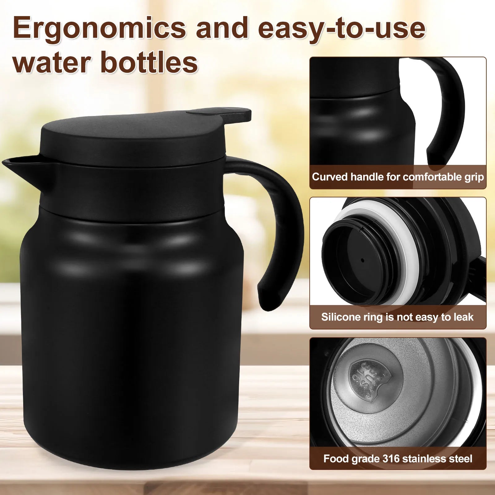 Thermal Teapot 1000ML Large Capacity Insulated Water Pitcher with Detachable Tea Strainer 316 Stainless Steel Coffee Jugs