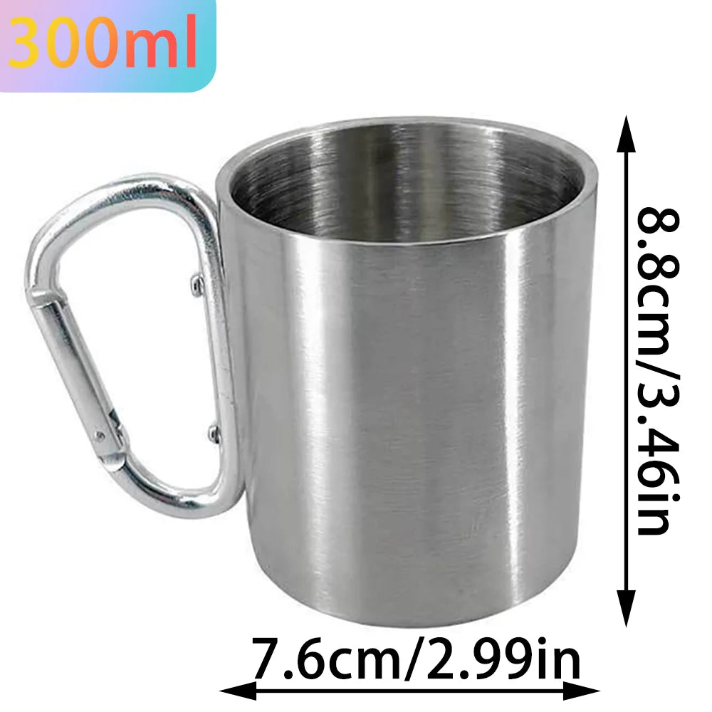 1PCS Portable Stainless Steel Camping Cup with Carabiner Clip, Lightweight Travel Mug for Hiking Backpacking Outdoor (201 Grade)