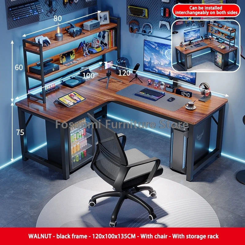 L-Shaped Computer Desk and Chair Set Modern Home Office Furniture with Shelf Gaming Work Desk Chair Set Corner PC Table for Room