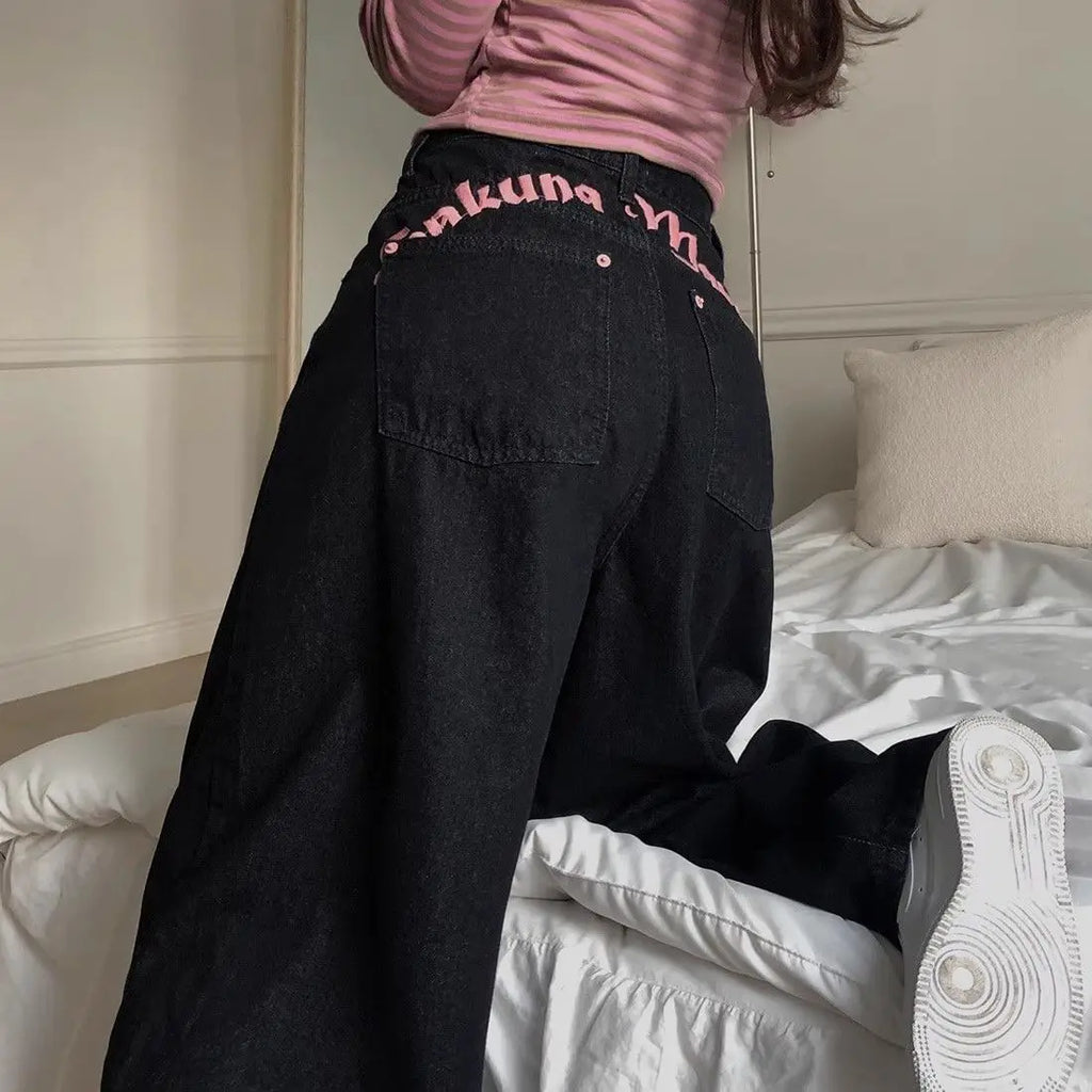 Women's Sweet Casual Full Length Baggy Denim Trouser Retro Emo Harajuku Loose Jeans Letter Embroidery High Waist Y2K 2000s Pants