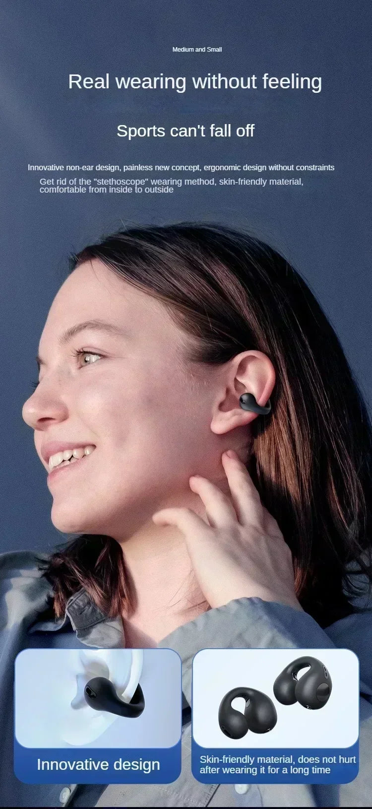 Wireless Ear Clip On Earphone Bluetooth-Compatible 5.3 Noise Canceling HiFi Stereo Headset Clip On Headphone for Running Fitness