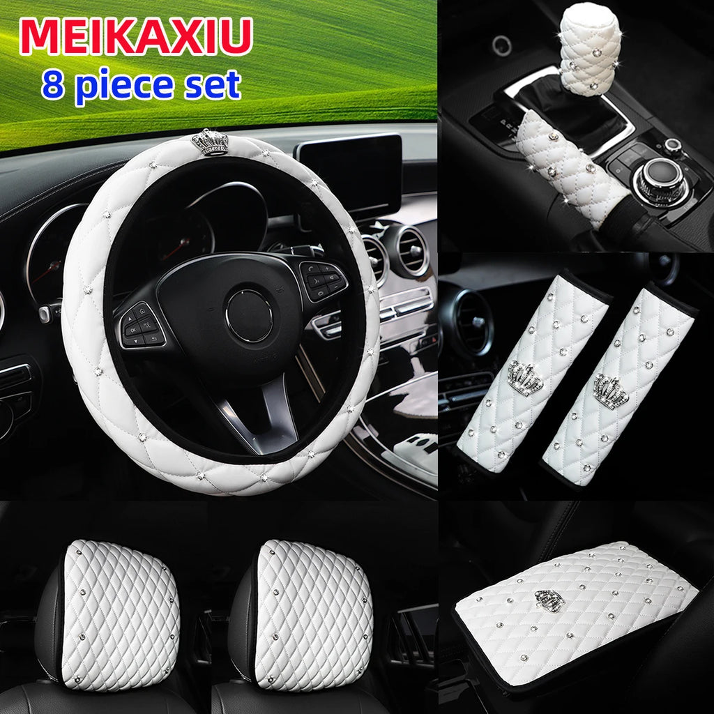 8 Artificial Skin Leather Diamond Crown Steering Wheel Cover Shoulder Cover Armrest Cushion Handbrake Cover Headrest Cushion Set