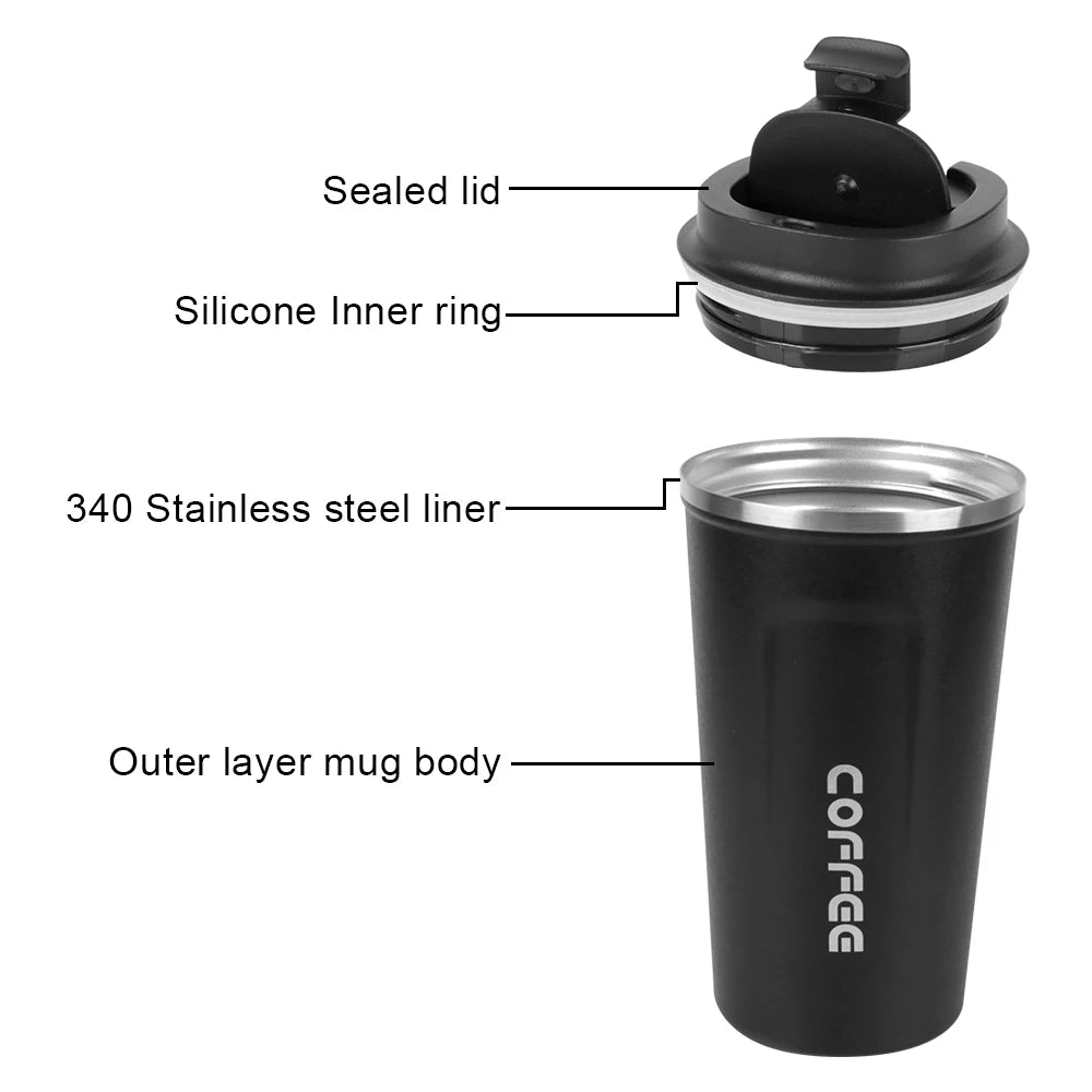 380/510ML Double‑Wall Stainless Steel Insulated Coffee Mug, Leak‑Proof Car Travel Tumbler for Home Outdoor Tea Water Drinking