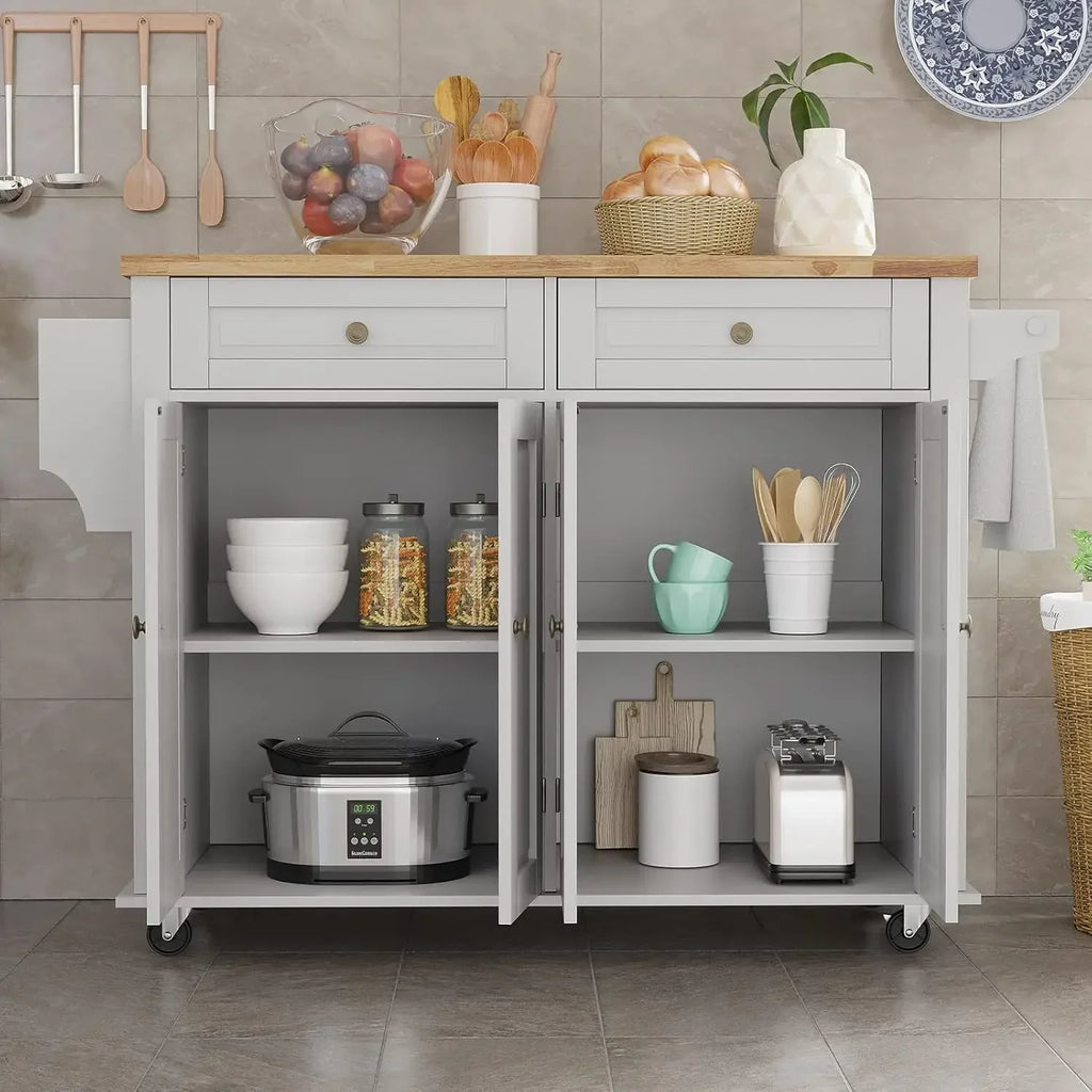 Movable Kitchen Carts on Wheels Island with Storage Cabinet, Island Table for Kitchen with Rubber Wood Top and Rack and Drawers