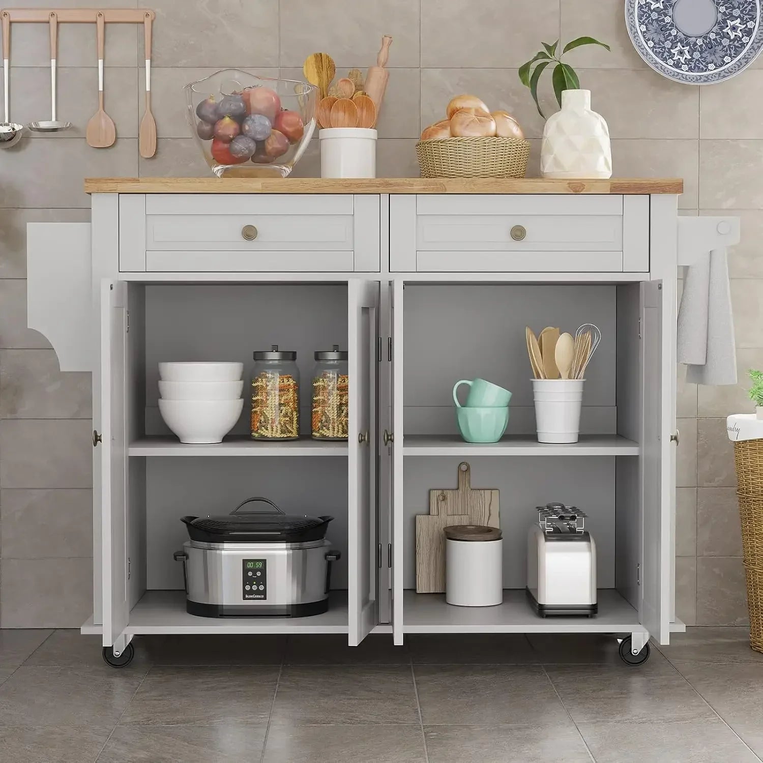 Movable Kitchen Carts on Wheels Island with Storage Cabinet, Island Table for Kitchen with Rubber Wood Top and Rack and Drawers