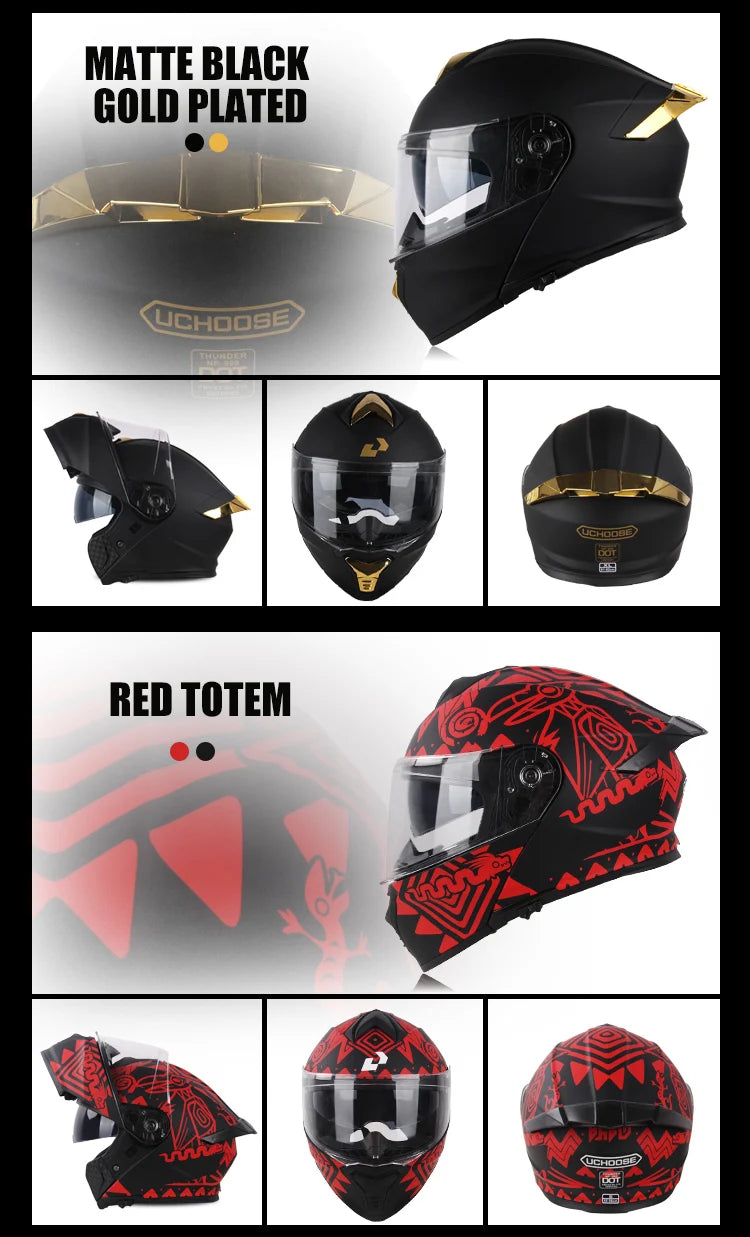 Uchoose DOT Approved Full Face Helmets Crash Motorbike Protective Gear Men Women Flip Up Helmet Motorcycle Double Sun Visor