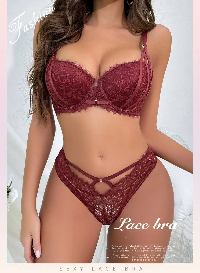 Women's Sexy Lingerie Set Hollow Push-Up Bra with Adjustable Straps Lace Flowers Embroidery Underwear Matching Panties