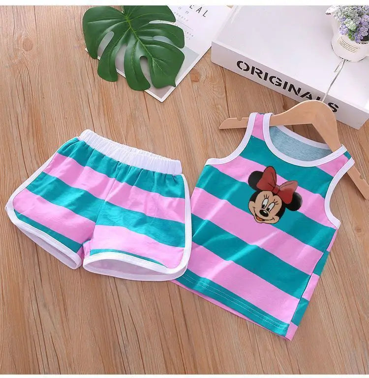 2026 Summer Baby Kids Clothes Sets Cut Striped Cartoon Printed Girls and Boys Vest and Shorts 2 Pieces Sets Children's Outfits