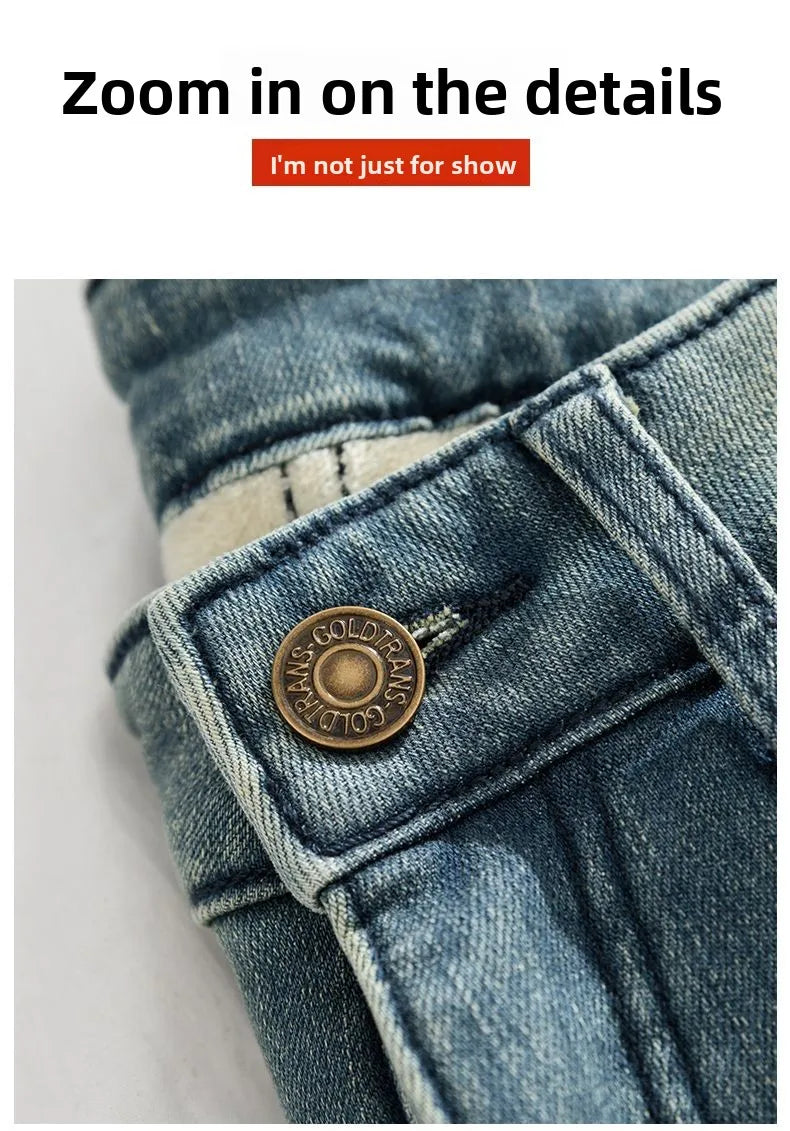 Autumn Winter Thickened Fleece-Lined Vintage Straight-Leg Jeans Women's Slimming Hip-Hiding Elastic Micro-Flared Cotton Trousers