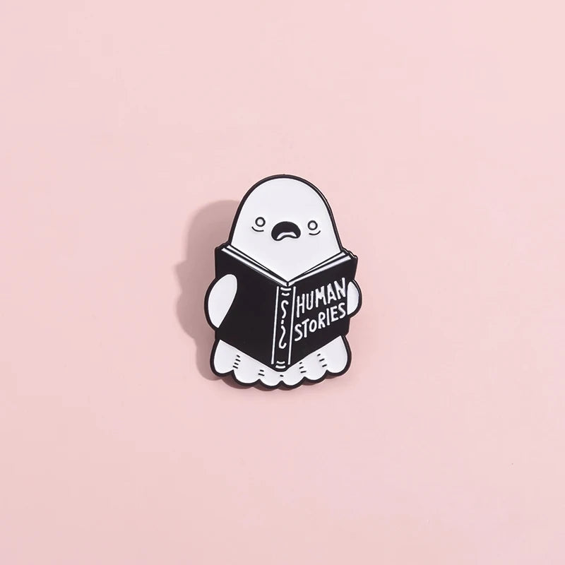 Cartoon Ghost Boo Enamel Pins Human Stories Book Creative Brooches Halloween Backpack Clothes Lapel Badge Gift for Kids Friends