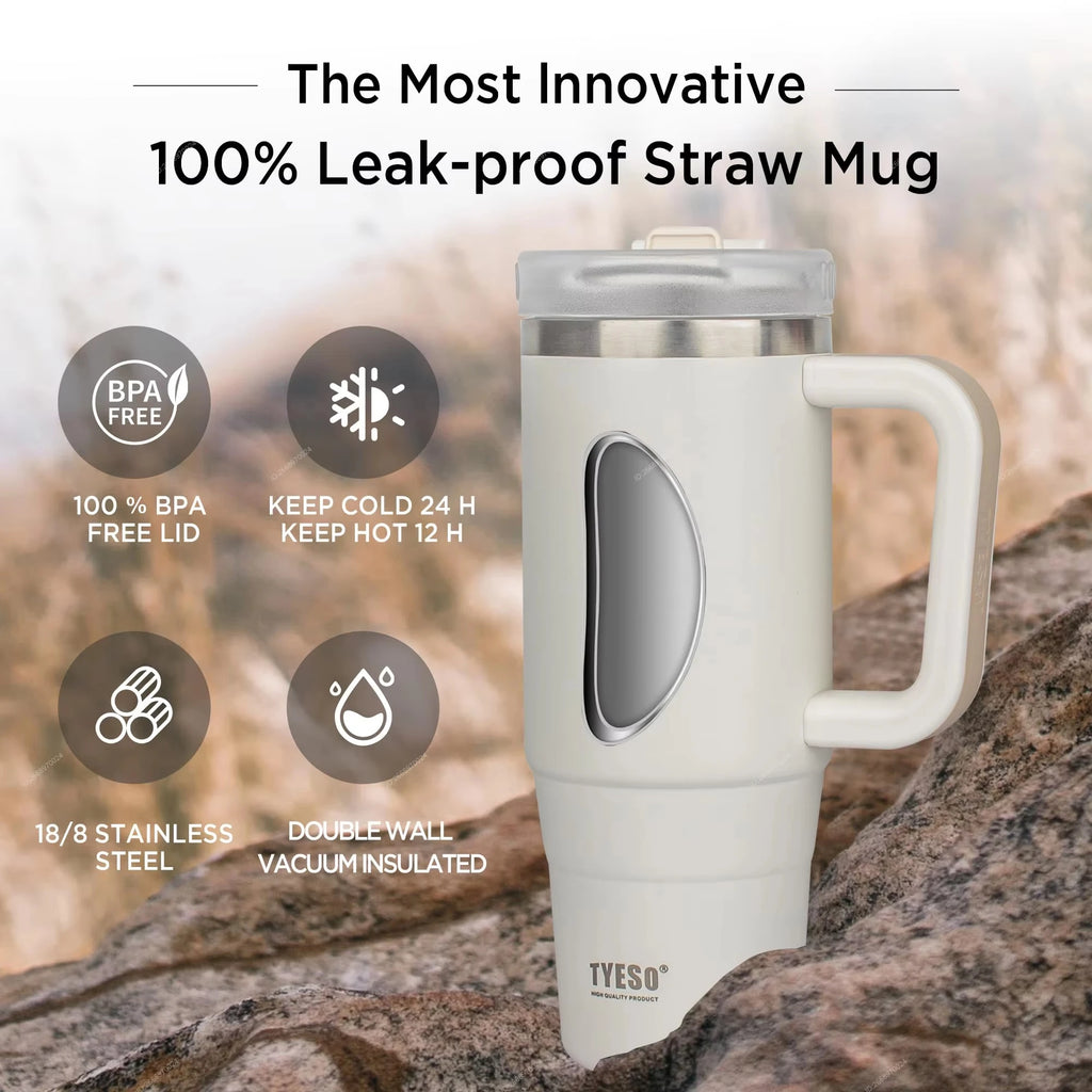 Tyeso 900ml/1200ml Big Capacity Thermal Mug Stainless Steel Insulated Water Bottle with Straw Outdoor Travel Car Tumbler