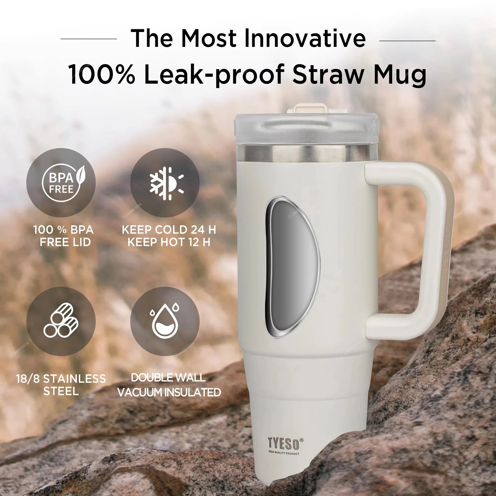 Tyeso 900ml/1200ml Big Capacity Thermal Mug Stainless Steel Insulated Water Bottle with Straw Outdoor Travel Car Tumbler
