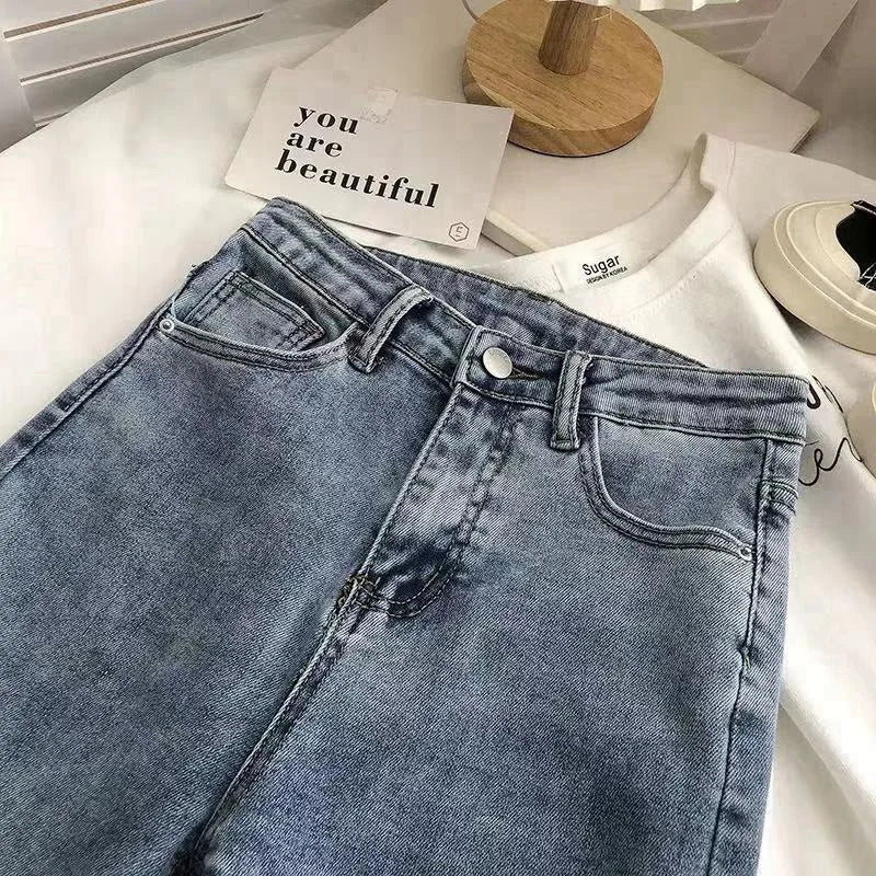 Women's High Waist Wide Leg Jeans Asymmetric Split Hem Vintage Washed Denim Pants Loose Fit