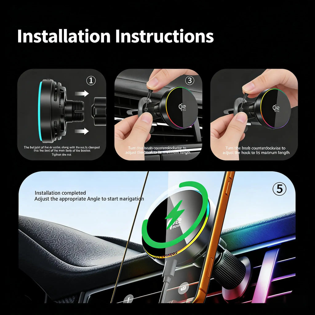 25W Qi2 Magnetic Car Phone Charger Holder with RGB Light Air Vent Mount with Fast Charging & Cooling for iPhone 17 Pro Max