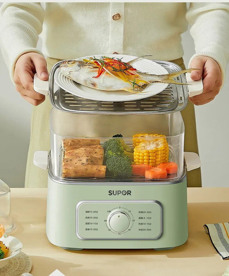 SUPER Electric Steamer Household Electric Boiler Three-layer Transparent Visualization Steamer Stainless Steel Steaming Tray9.3L