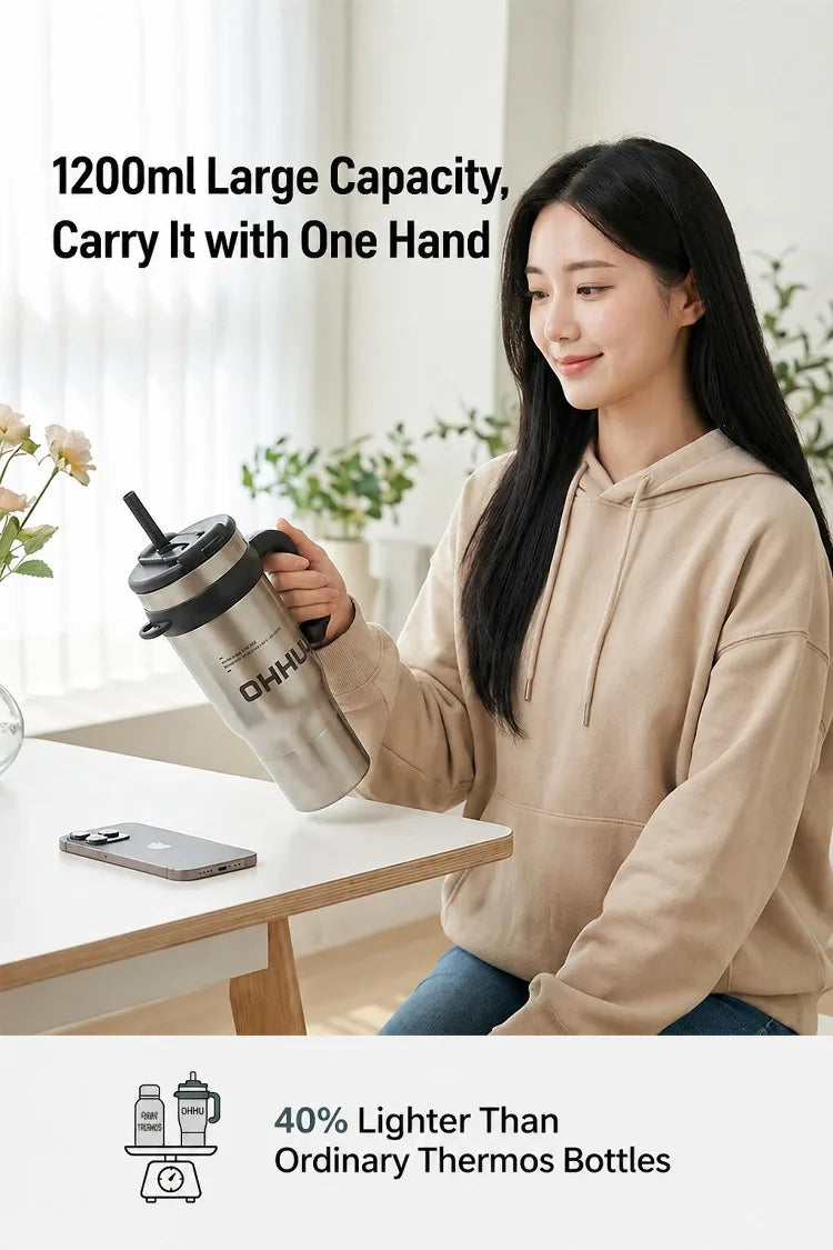 1200ml Vacuum Insulated Travel Mug 316 Stainless Steel Tumbler with Handle Straw Tea Infuser Double Lid Keep Cold Hot for Home