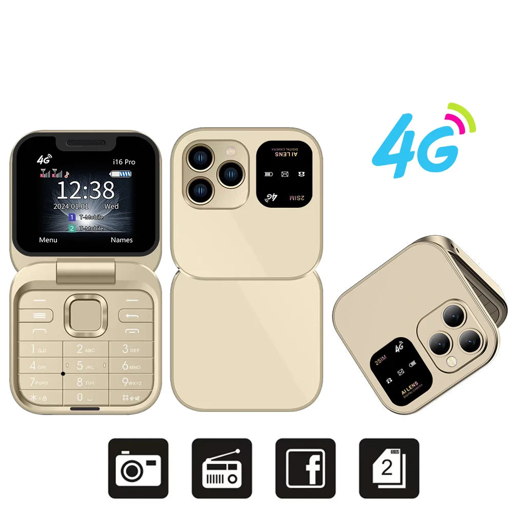 SERVO Mini Flip Mobile Phone 4G/2G Cellular 1.77" Diaplay Speed Dial Flashlight Recorder FM Radio Dual SIM Foldable Cellphones