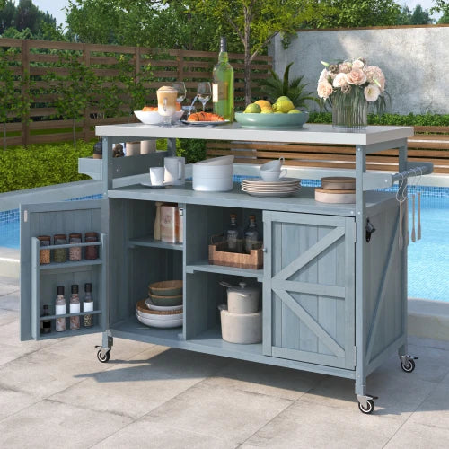 US Stock Farmhouse Rolling Kitchen Island Cart With Stainless Steel Countertop Wooden Storage Cabinet With Lockable Wheels