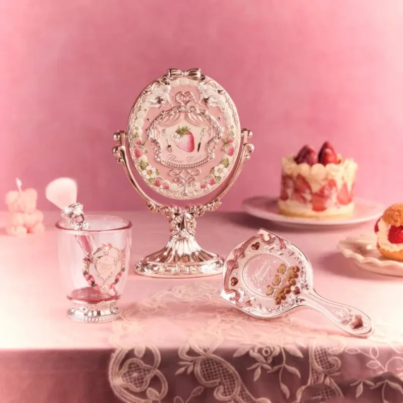 Flower Knows 9th Anniversary 4 Pcs Makeup Set Desktop Vanity Mirror Paddle Brush Air Cushion Comb Brush Holder Blush Brush